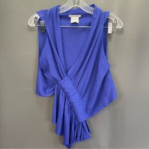 Sarah Pacino blue short sleeve wool extra fine unique front knot/gather detail